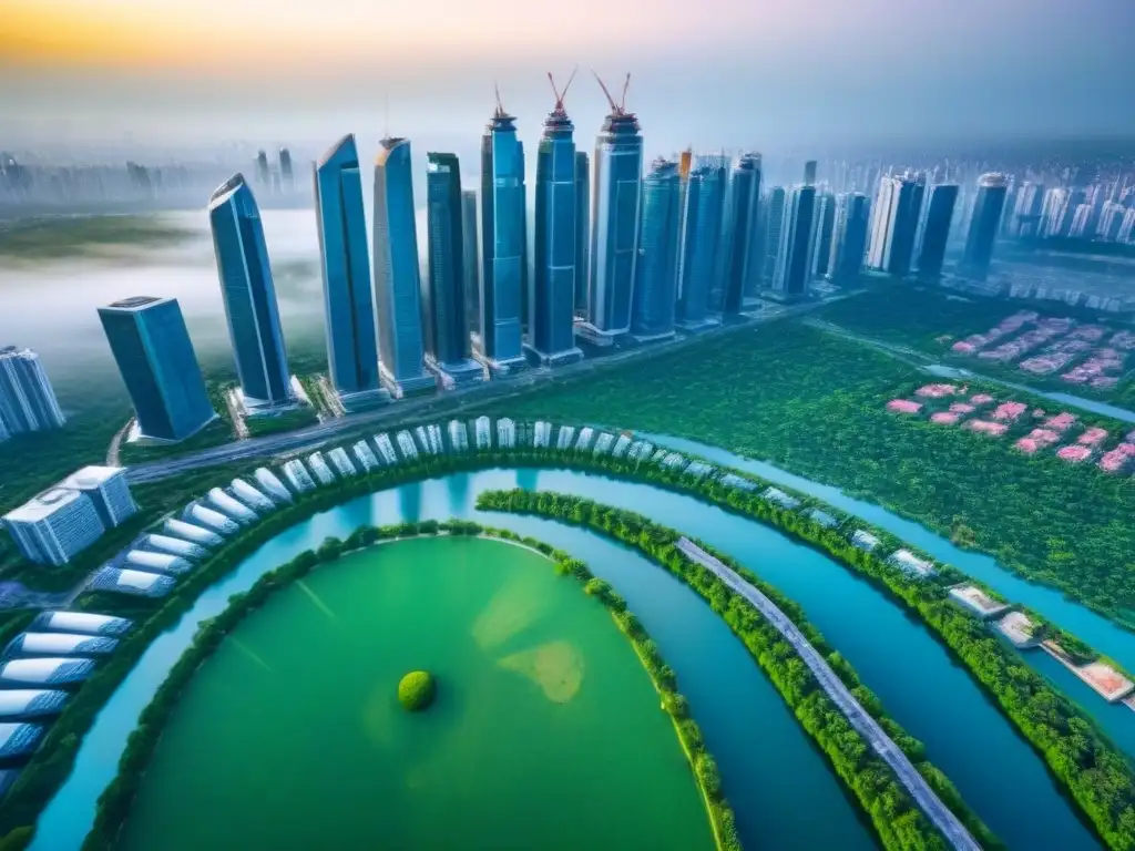 Desarrollo sostenible: ciudad futurista en armonía con la naturaleza Impresionante vista aérea de una ciudad moderna y sostenible