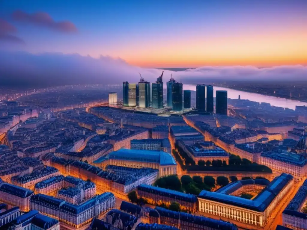 Horizonte urbano europeo: fusión de historia y modernidad al atardecer Impresionante vista aérea de una ciudad europea al anochecer, reflejando el impacto Brexit mercado inmobiliario Europa