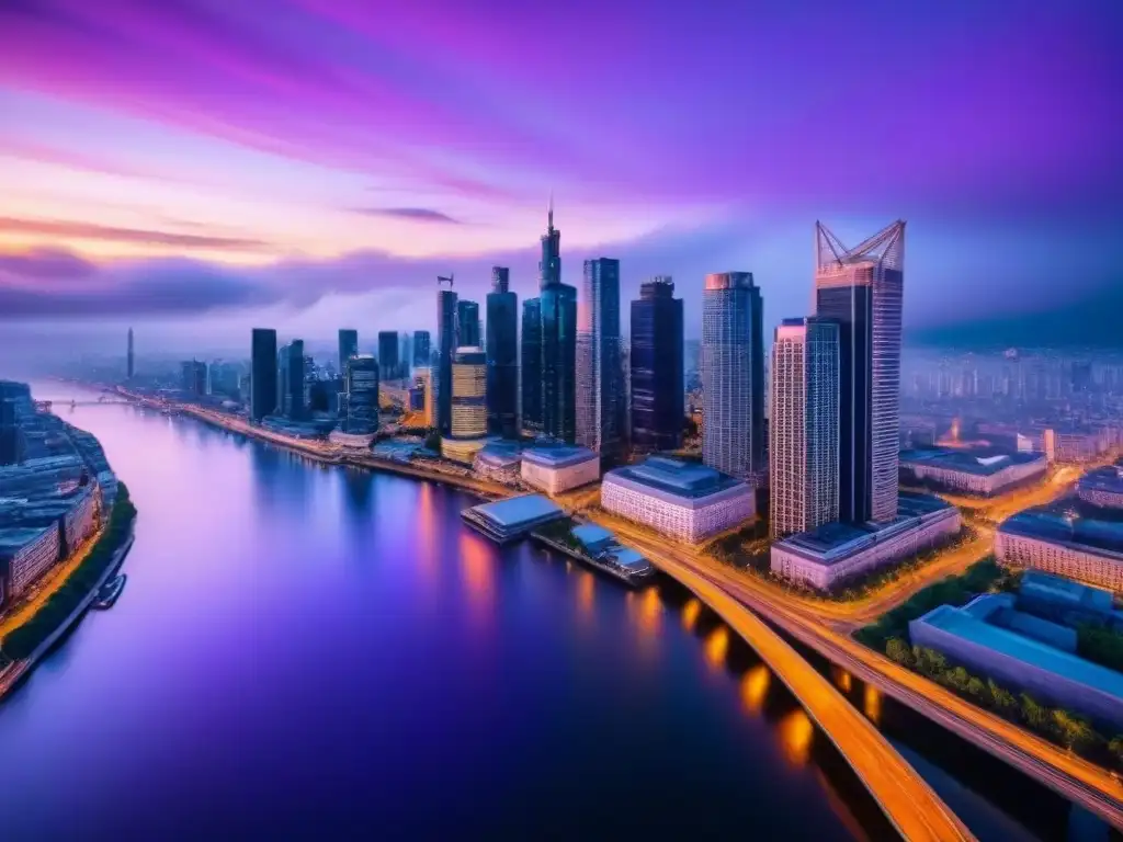 Espectacular ciudad futurista iluminada al anochecer Impresionante vista aérea de una ciudad moderna al anochecer con beneficios fiscales propiedades internacionales