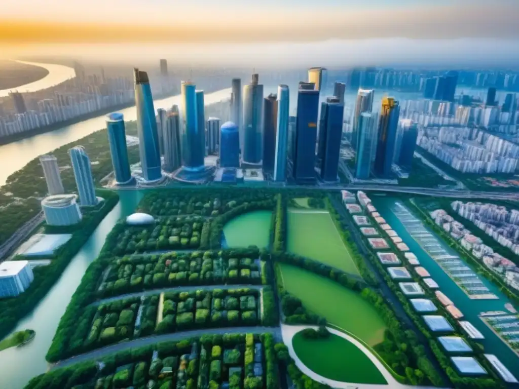 Horizonte urbano internacional: inversión inmobiliaria diversificada Contempla una impresionante vista aérea de una ciudad diversa con modernos rascacielos de cristal, parques verdes y distritos comerciales