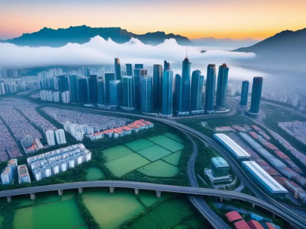 Metrópolis emergente: ciudad en crecimiento 8k Impresionante vista aérea en 8k de una ciudad secundaria emergente con rascacielos modernos, mercados vibrantes y tráfico intenso