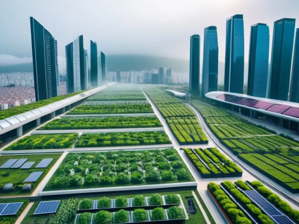 Metrópolis futurista en América Latina: tecnología y sostenibilidad Impresionante vista aérea de una ciudad futurista en América Latina con rascacielos modernos e integración de sistemas de transporte avanzados