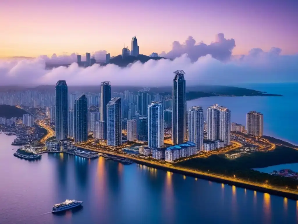 Espléndida vista aérea del skyline de Ciudad de Panamá al anochecer Impresionante vista aérea de la ciudad de Panamá al atardecer, reflejando el crecimiento económico y la financiación inmobiliaria en América Latina