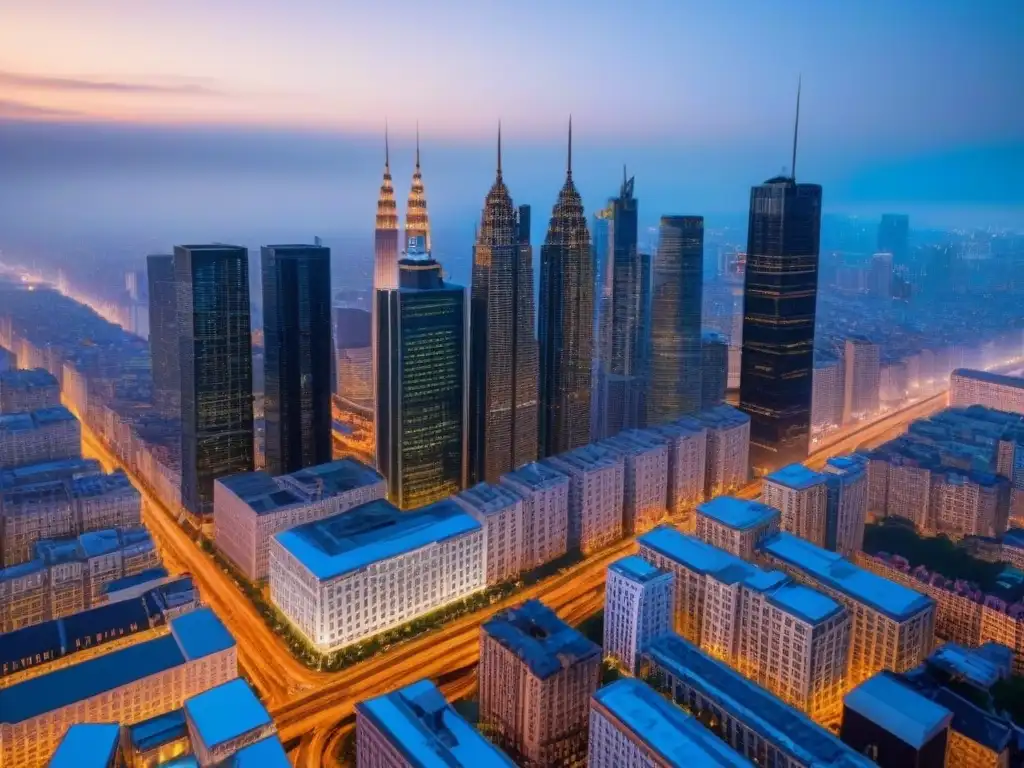 Cityscape armonioso: fusión de tradición y modernidad en real estate Impresionante vista aérea de la ciudad al anochecer, reflejando la sinergia postfusión en bienes raíces