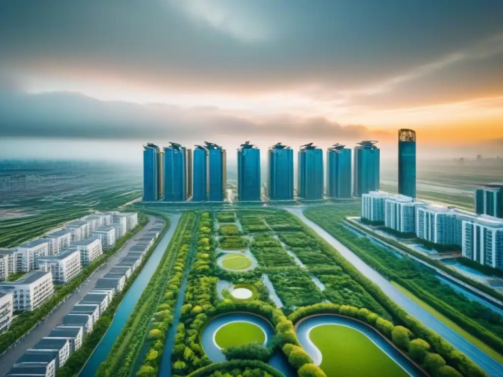 Desarrollo inmobiliario integrado: arquitectura futurista y espacios verdes Impresionante vista aérea de desarrollos inmobiliarios integrados inversión global