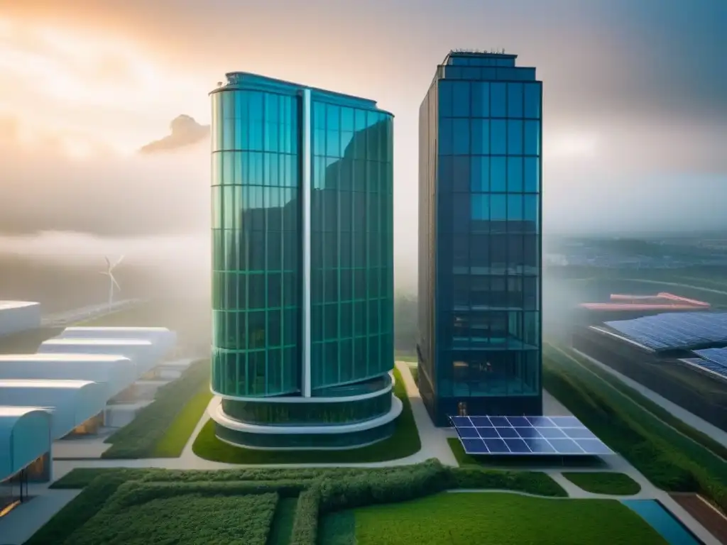Edificios sostenibles: LEED vs BREEAM Impresionante vista aérea de edificios certificados LEED y BREEAM, destacando sus innovadoras características de diseño verde