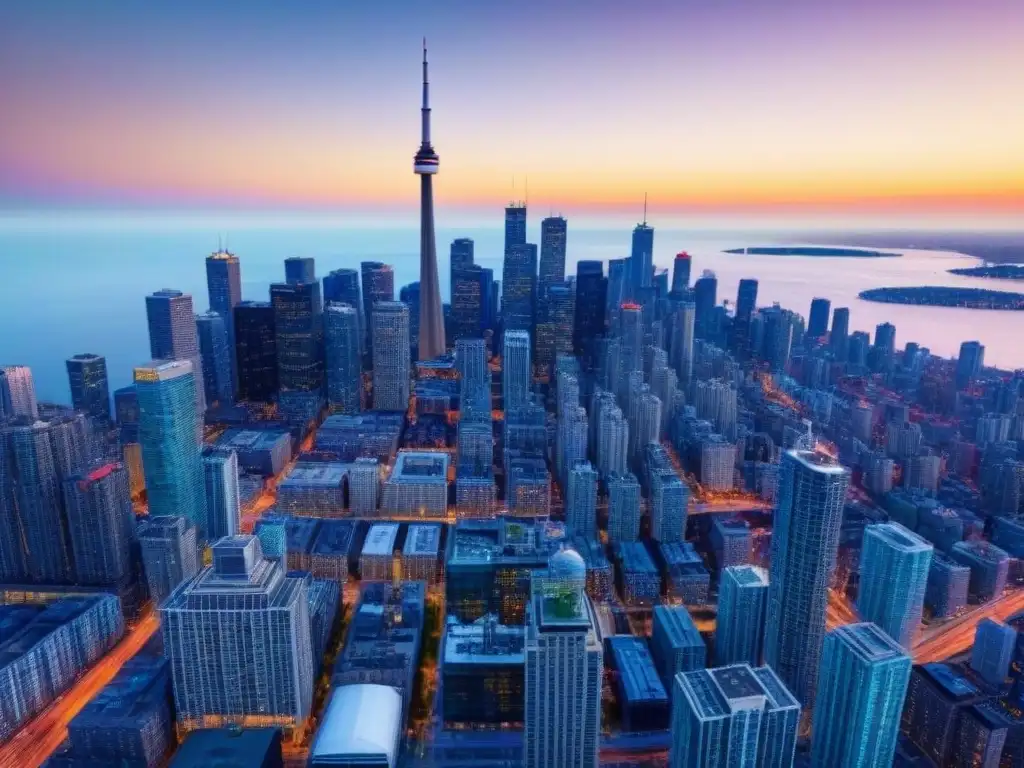 Espectacular atardecer en Toronto: CN Tower en contraste Impresionante vista aérea del horizonte de Toronto al atardecer, con la emblemática CN Tower destacándose entre rascacielos modernos
