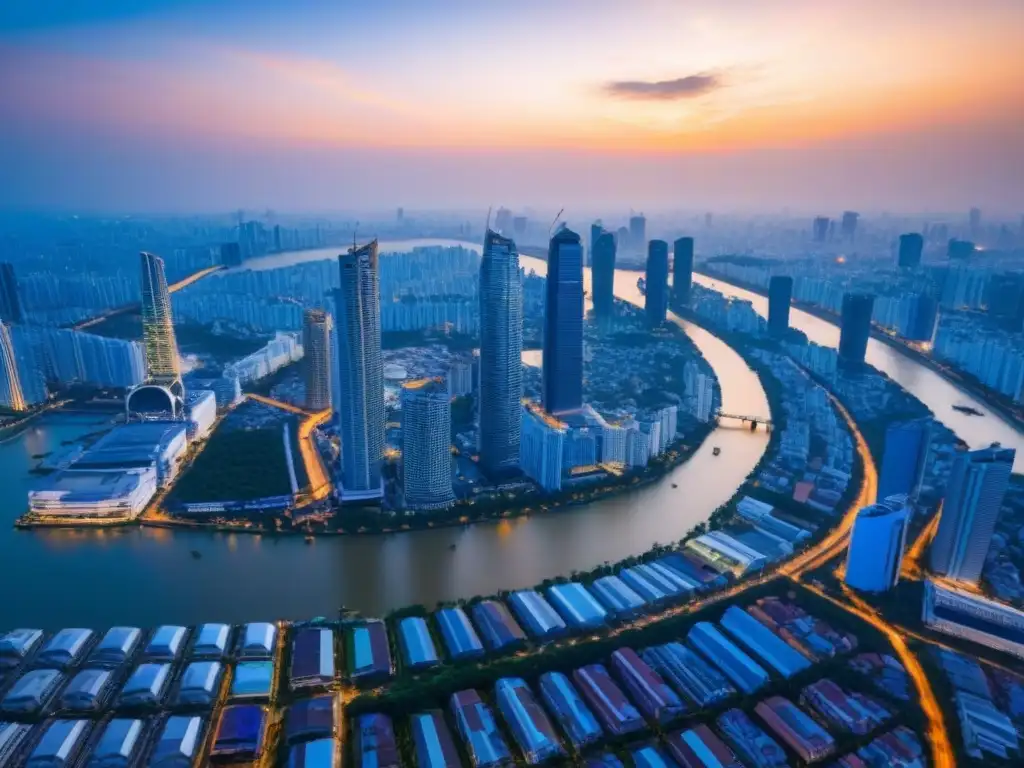 Horizonte de Bangkok al atardecer: modernidad y energía vibrante Impresionante vista aérea del horizonte de Bangkok al atardecer, reflejando la vibrante energía de la ciudad