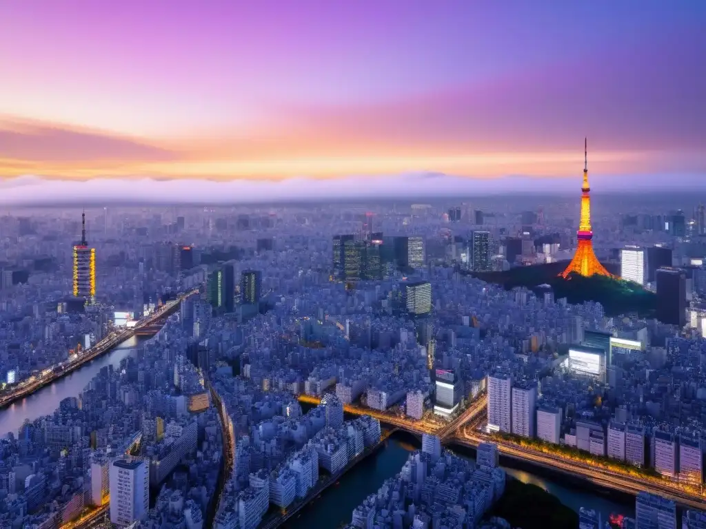 Tokyo al atardecer: luces doradas sobre la ciudad moderna Impresionante vista aérea de Tokio al anochecer, con sus luces brillantes y río Sumida, ideal para inversiones inmobiliarias en Tokio