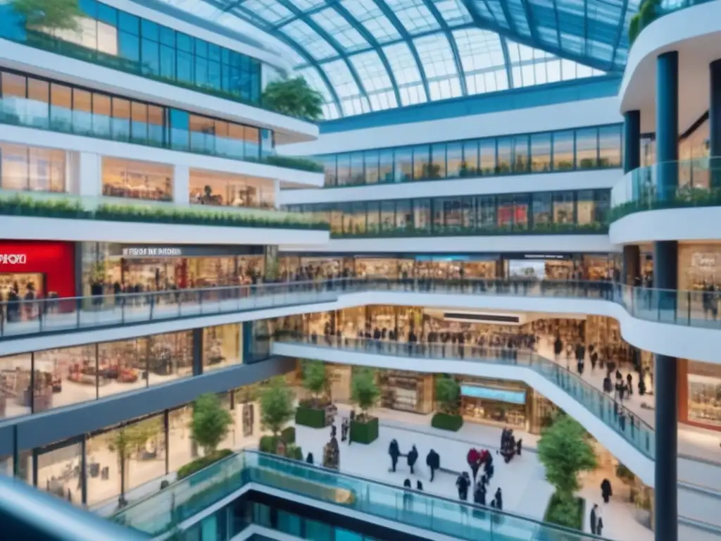 Centro comercial internacional vanguardista: lujo y sostenibilidad Una impresionante vista aérea de un moderno centro comercial internacional, fusionando modernidad y sostenibilidad