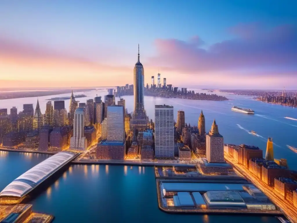 Esplendor nocturno de Nueva York: luces, río y estatua Impresionante vista aérea de Nueva York al anochecer, destacando los rascacielos de Manhattan y la inversión inmobiliaria internacional en Nueva York