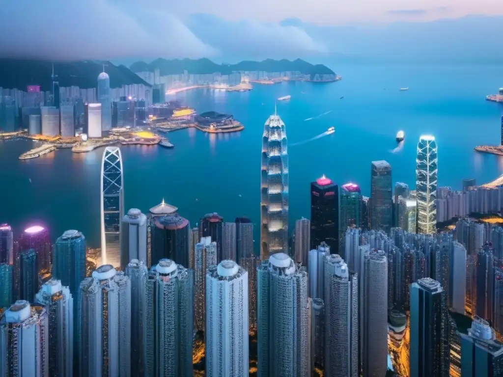 Horizonte de Hong Kong: fusión de modernidad y tradición Impresionante vista aérea de Hong Kong, mezcla de rascacielos modernos y arquitectura tradicional
