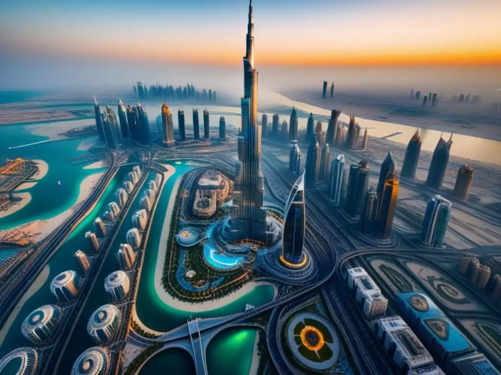 Espléndido skyline de Dubai: Burj Khalifa y rascacielos dorados Impresionante vista aérea del skyline futurista de Dubai, con rascacielos relucientes bajo la luz dorada del atardecer
