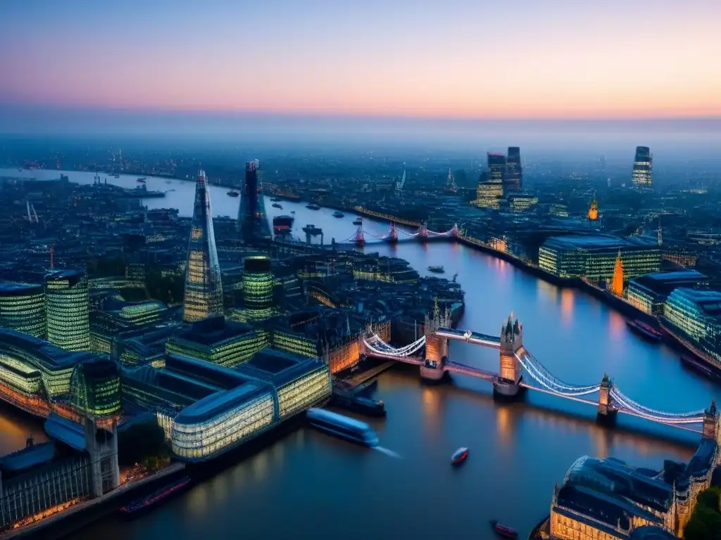 Horizonte de Londres al anochecer: Impacto del Brexit en la inversión inmobiliaria europea Impresionante vista aérea del skyline de Londres al anochecer, con el impacto Brexit en el mercado inmobiliario europeo