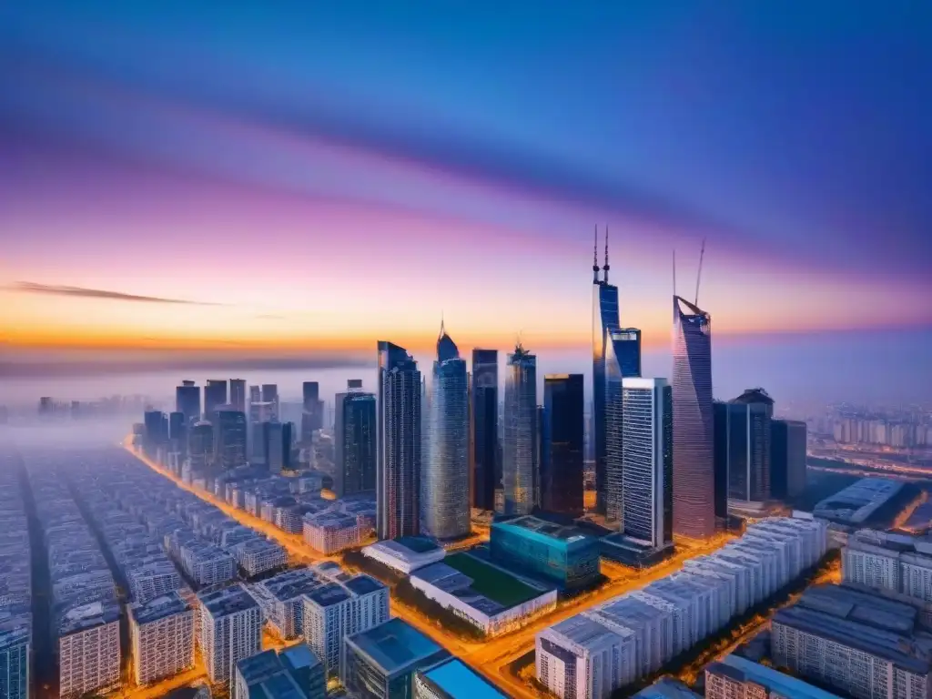 Horizonte urbano al anochecer: símbolo de crecimiento inmobiliario en tiempos de inflación Impresionante vista aérea de un skyline urbano al anochecer, reflejando inversión en el mercado inmobiliario a pesar de la inflación global