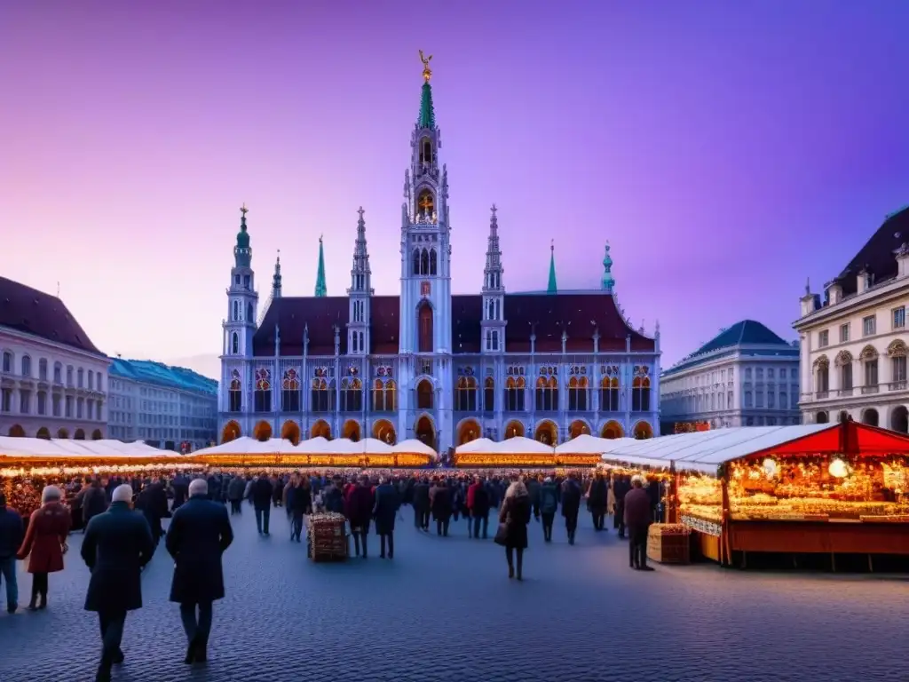 Rathaus de Viena: detallada belleza neogótica al atardecer Impresionante vista del Ayuntamiento de Viena al anochecer, resaltando su arquitectura NeoGótica detallada