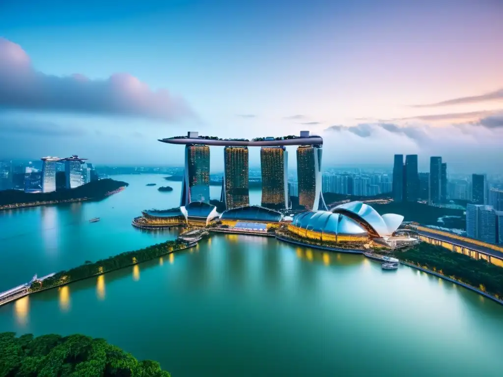 Skyline futurista de Singapur: Marina Bay Sands y naturaleza 'La impresionante vista de Singapur con Marina Bay Sands, símbolo de ciudades asiáticas para inversionistas'