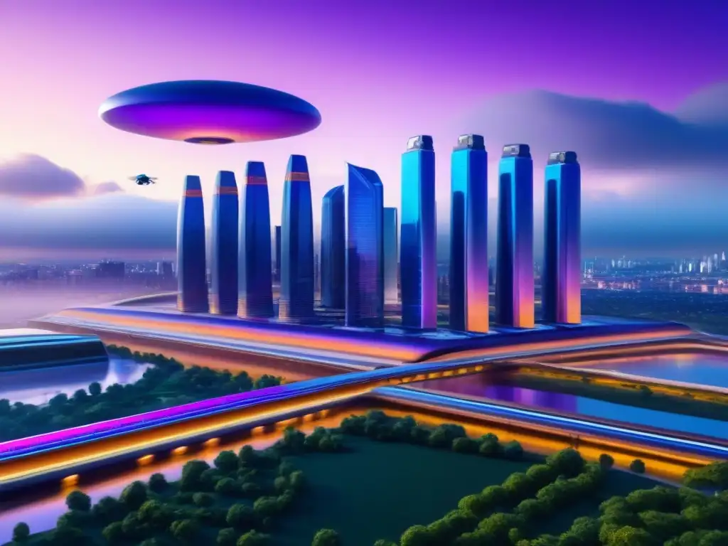 Metrópolis futurista: rascacielos, naturaleza y tecnología avanzada Impresionante vista futurista de una ciudad con rascacielos, jardines en el cielo y trenes de alta velocidad
