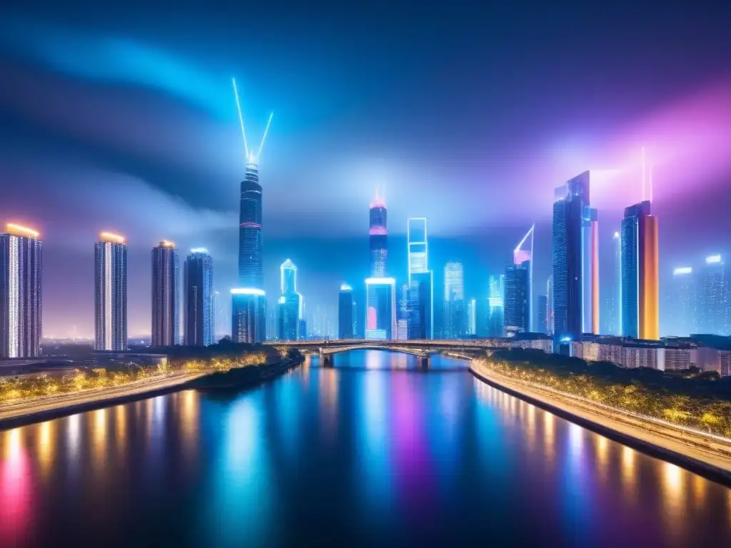 Metrópolis futurista: luces neón y río sereno Impresionante vista nocturna de una ciudad futurista con rascacielos iluminados por luces neón, reflejadas en un río tranquilo