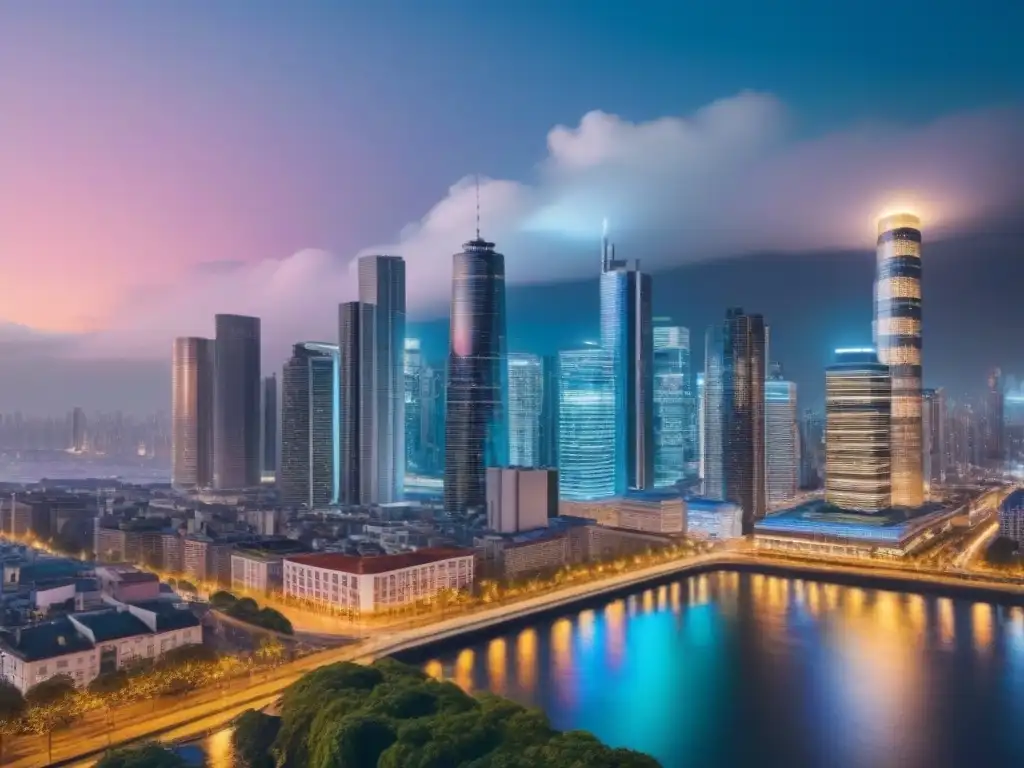 Impresionante vista nocturna de ciudad con rascacielos iluminados y río serpenteante reflejando luces, bajo la luna
