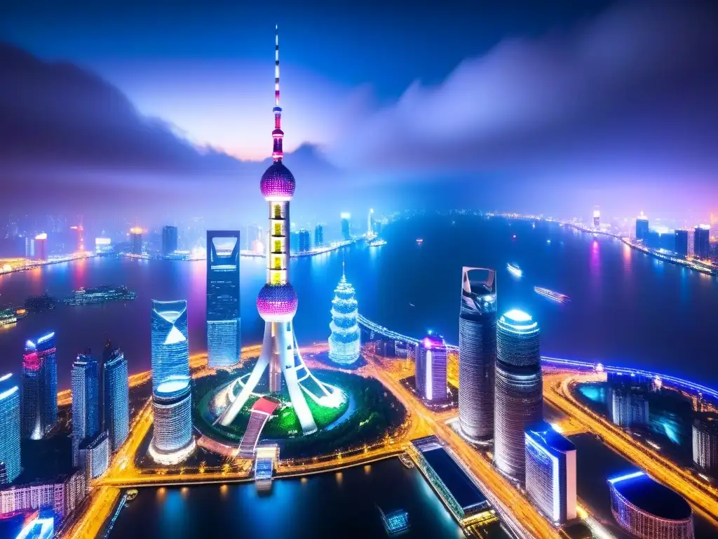 Horizonte futurista de Shanghai: Torres iluminadas en la noche Impresionante vista nocturna de Shanghái con las Torres Oriental Pearl, Shanghai y Jin Mao iluminadas