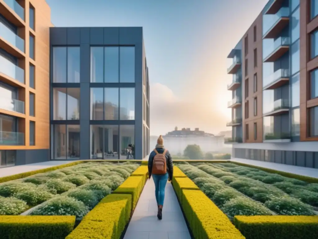 Complejo residencial moderno: diseño arquitectónico urbano Una impresionante vista urbana de un complejo residencial moderno con jardín en la azotea