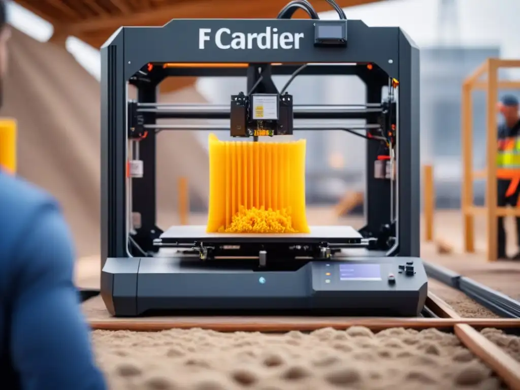 Avanzada impresión 3D de edificio sostenible en acción Impresora 3D construyendo edificio sostenible con innovación tecnológica