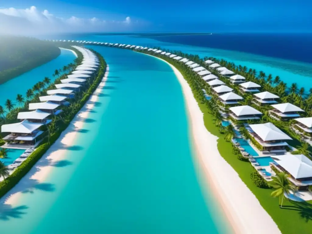 Exclusivo resort de lujo en isla privada: apertura grandiosa Inauguración de un lujoso resort en isla privada con vistas aéreas de villas, playas y yate