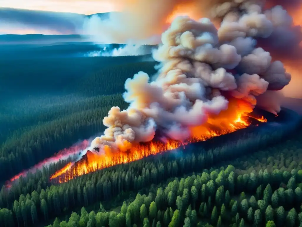 Devastador incendio forestal: El poder y la urgencia en acción Un incendio forestal arrasa un vasto bosque, mostrando la intensidad y devastación