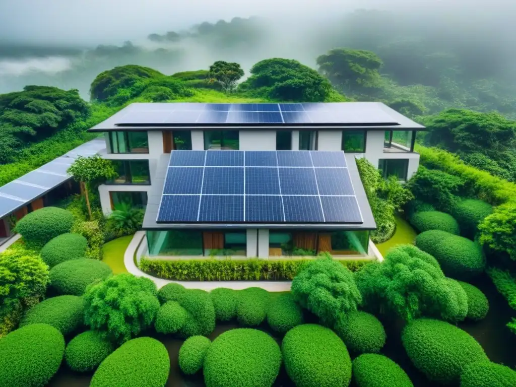 Arquitectura sostenible en armonía con la naturaleza: complejo ecoamigable Incentivos fiscales para el desarrollo de propiedades verdes: complejo ecológico rodeado de naturaleza, paneles solares y arquitectura sostenible