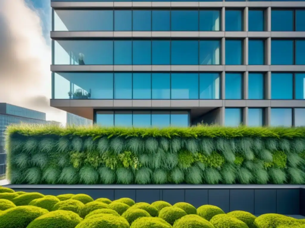 Edificio eco-innovador con muros verdes exuberantes Incentivos fiscales para inversores en propiedades verdes: edificio moderno con muros verdes vibrantes llenos de vegetación, bajo la luz del sol