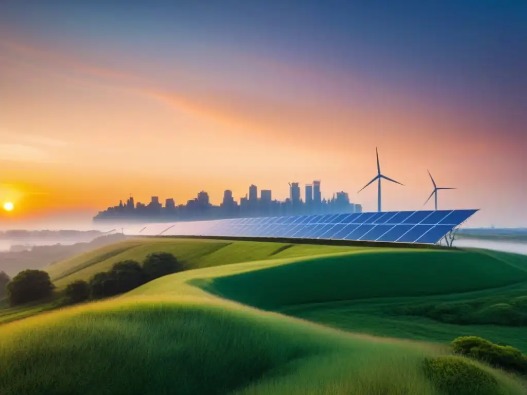 Horizonte urbano sostenible: arquitectura eco en atardecer vibrante Incentivos fiscales para propiedades sostenibles: Ciudad moderna con edificios ecofriendly y paisaje urbano sostenible al atardecer