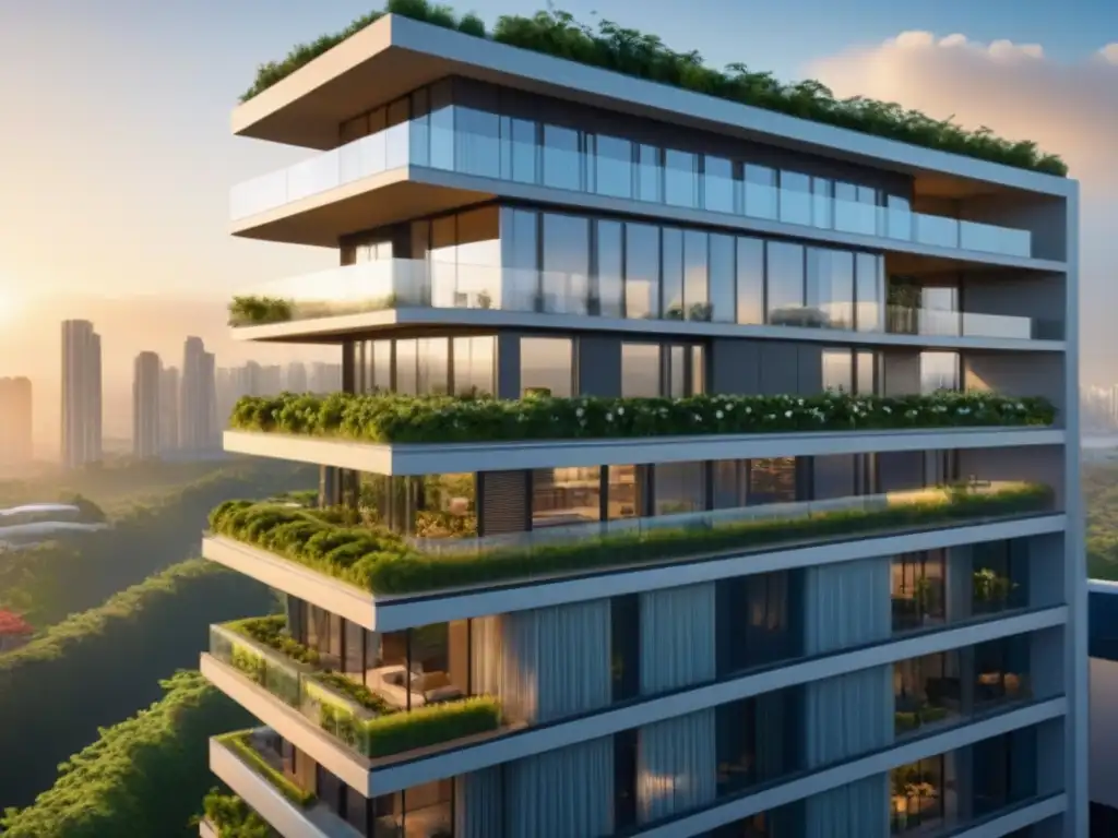 Edificio moderno de lujo con diseño sostenible y vistas panorámicas Incentivos fiscales propiedades sostenibles: Edificio moderno con fachadas de vidrio, jardines y paneles solares al atardecer