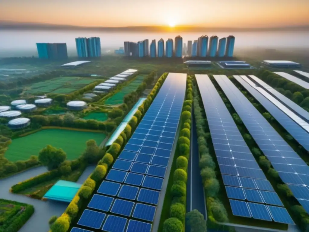 Vista aérea impresionante de ciudad verde y sostenible Incentivos fiscales para propiedades verdes: Ciudad vibrante con edificios ecoamigables y paneles solares en sus techos