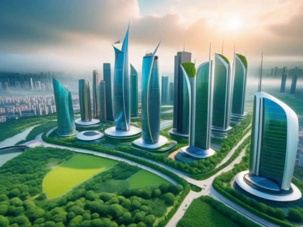 Metrópolis futurista sostenible: arquitectura eco-amigable en 8k Increíble ciudad futurista con rascacielos ecofriendly y energías renovables