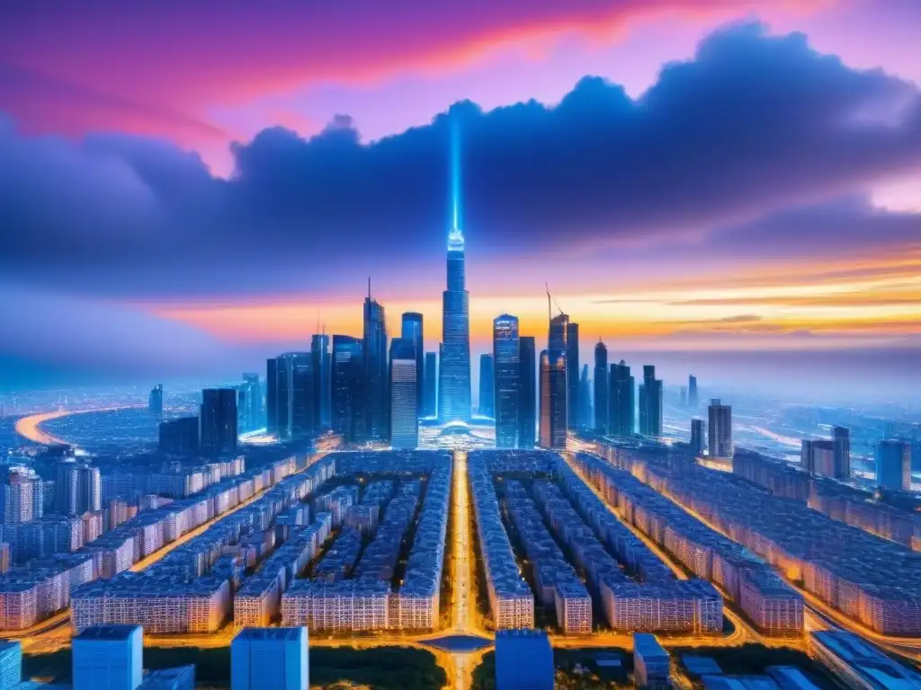 Skyline futurista con blockchain en inversión inmobiliaria Increíble ciudad futurista con tecnología blockchain en inversión inmobiliaria