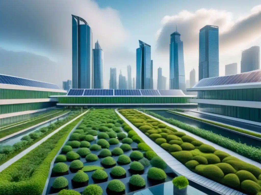 Complejo verde futurista con tecnología sostenible en 8k Increíble complejo verde futurista con paneles solares y tejados verdes