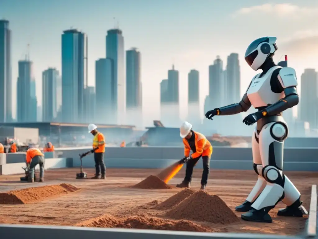 Construcción futurista: Integración perfecta de robots y humanos en la obra Increíble escena futurista con robótica en construcción de bienes raíces, máquinas avanzadas y drones trabajando junto a humanos