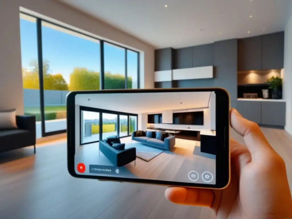 Interfaz AR de lujo para tour inmersivo en propiedad real Increíble interfaz de una app de realidad aumentada en mercado inmobiliario, con tour virtual de lujo en 3D