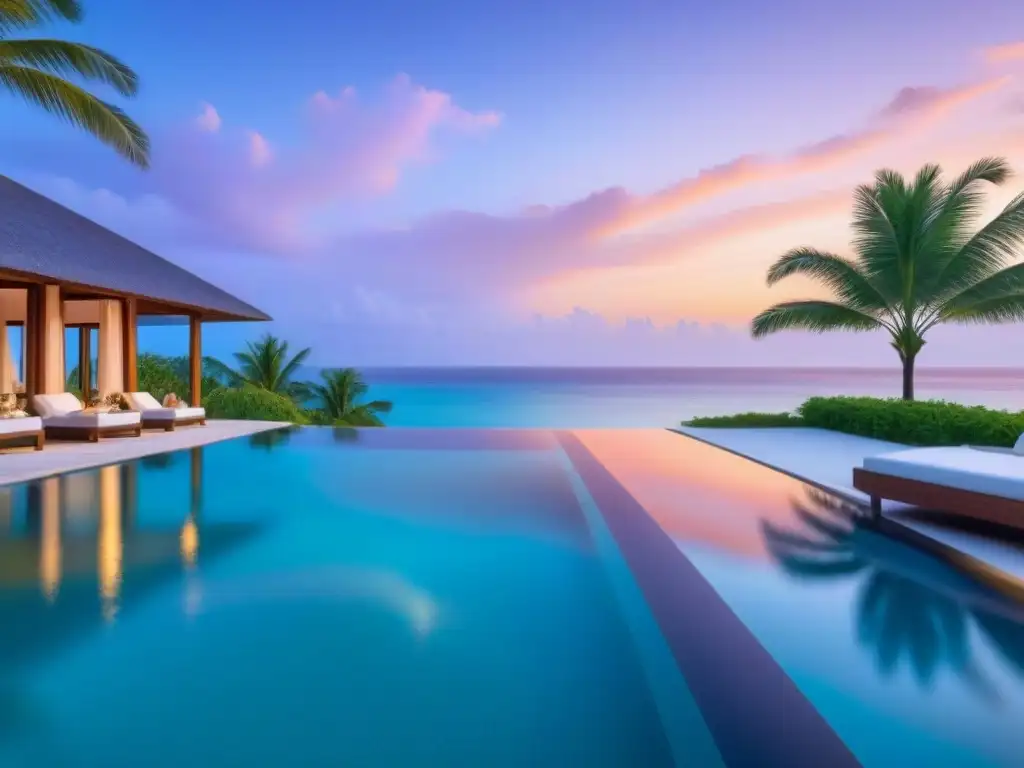 Paraíso tropical: piscina infinita de lujo con vista al mar Increíble piscina infinita en una playa tropical, rodeada de palmeras verdes