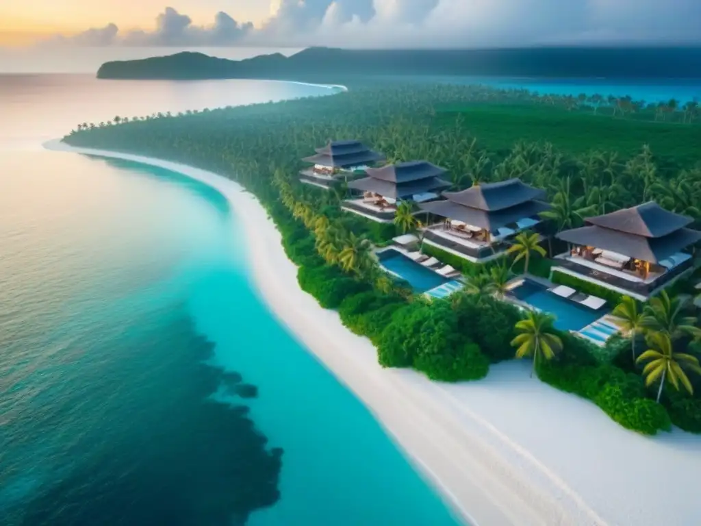 Paraíso costero de lujo: atardecer dorado en resort exclusivo Increíble resort frente a la playa con aguas turquesa, palmeras verdes y villas modernas