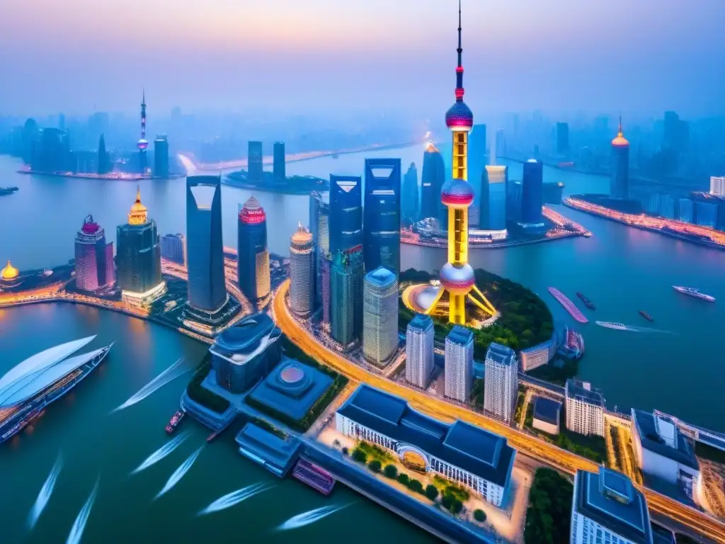 Esencia innovadora: horizonte de Shanghai fusiona tradición y modernidad Increíble vista aérea de Shanghái, fusionando arquitectura histórica con rascacielos modernos