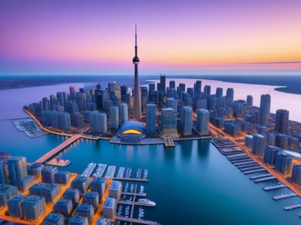 Espléndido atardecer en Toronto: CN Tower y rascacielos en el horizonte Increíble vista aérea del atardecer en Toronto con la CN Tower entre rascacielos