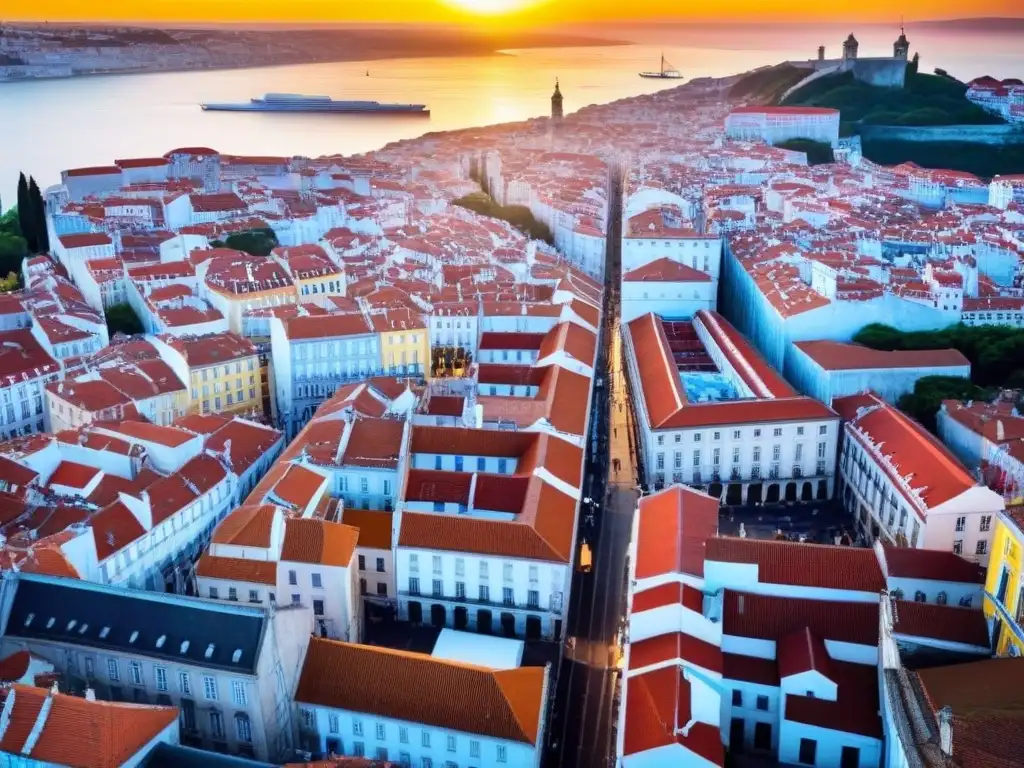 Vista aérea de Lisboa al atardecer: la fusión entre lo antiguo y lo moderno Increíble vista aérea de Lisboa al atardecer, con sus emblemáticos tejados rojos y la fusión de arquitectura antigua y moderna