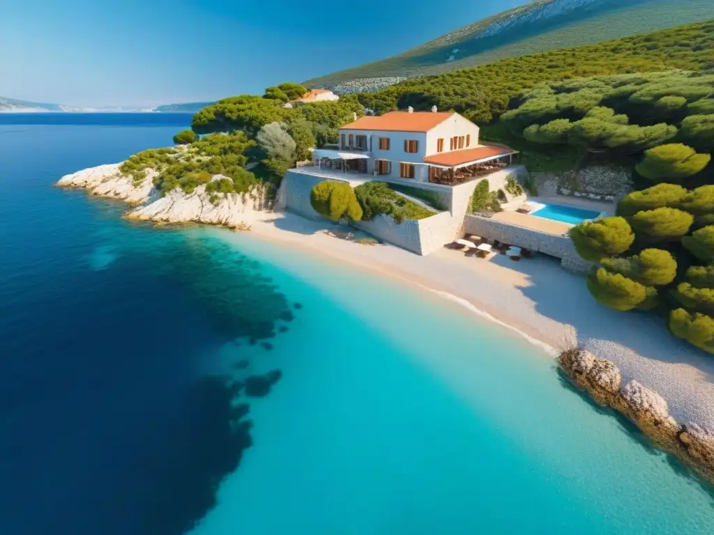 Villa de lujo con infinity pool en costa de Croacia Increíble vista aérea de la costa croata, aguas turquesas, acantilados pintorescos y vegetación exuberante