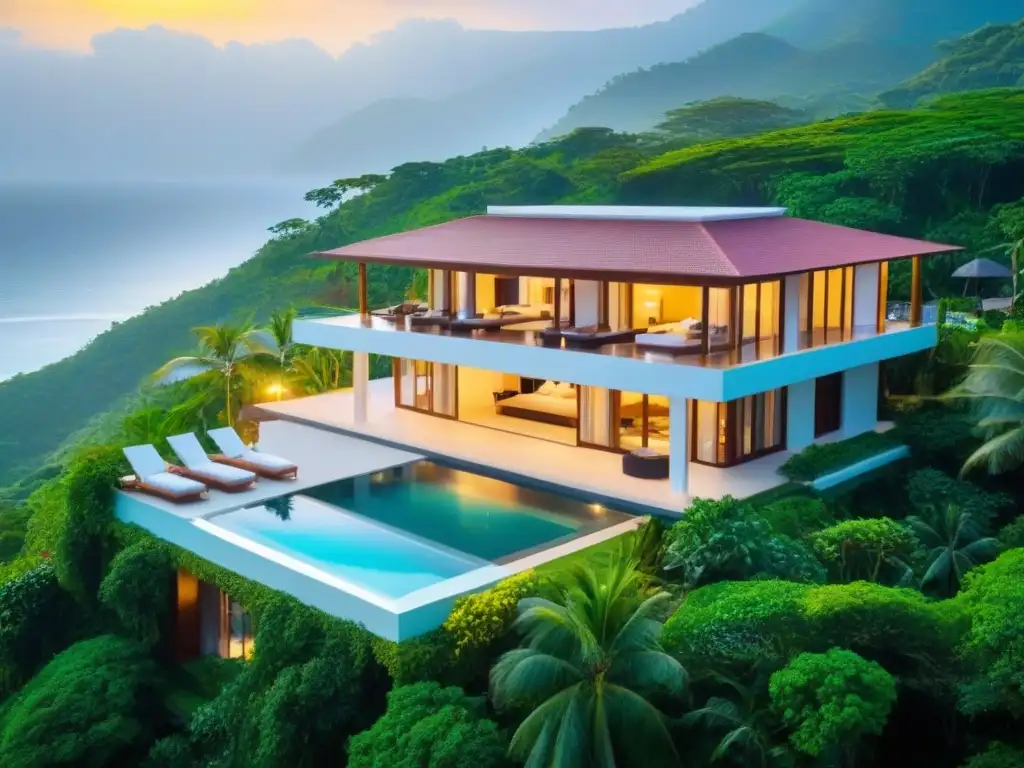 Resort de lujo en paraíso tropical Increíble vista aérea de lujoso resort vacacional entre montañas, piscina infinita, arquitectura moderna y jardines tropicales