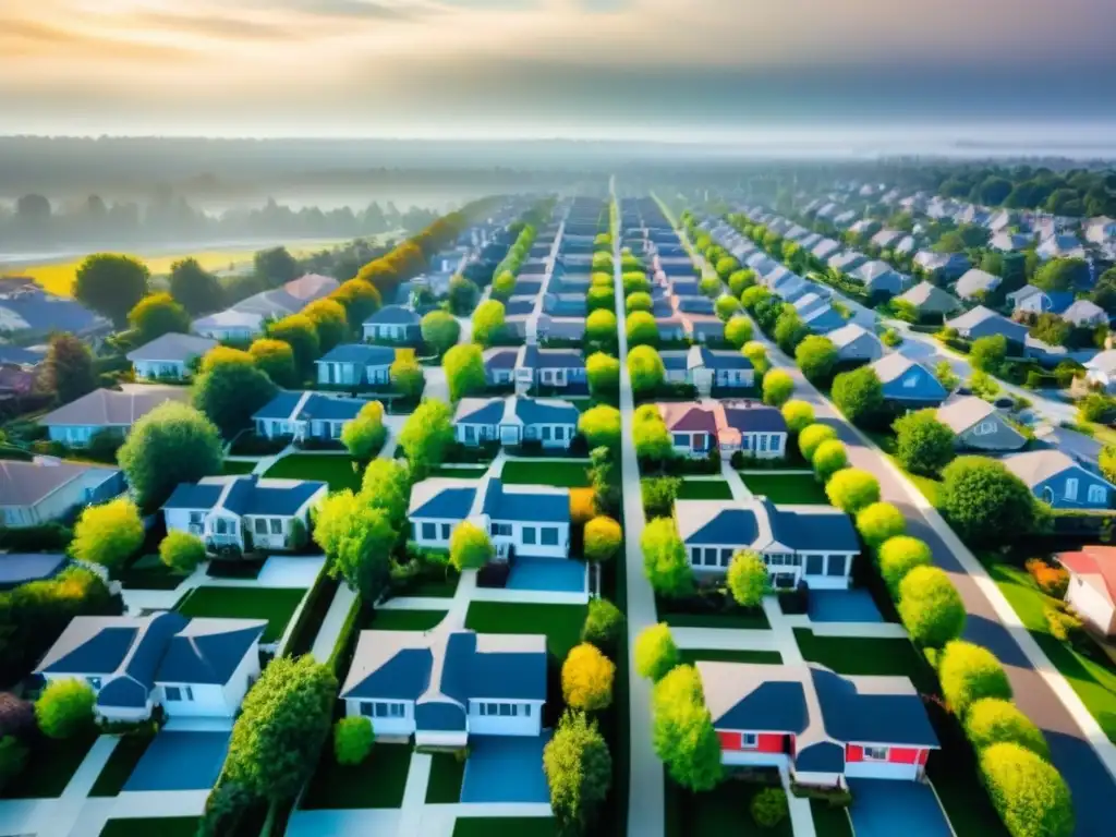 Barrio residencial moderno desde el cielo: detalle excepcional Increíble vista aérea de un vecindario residencial moderno capturada por un dron de alta calidad, resaltando detalles excepcionales