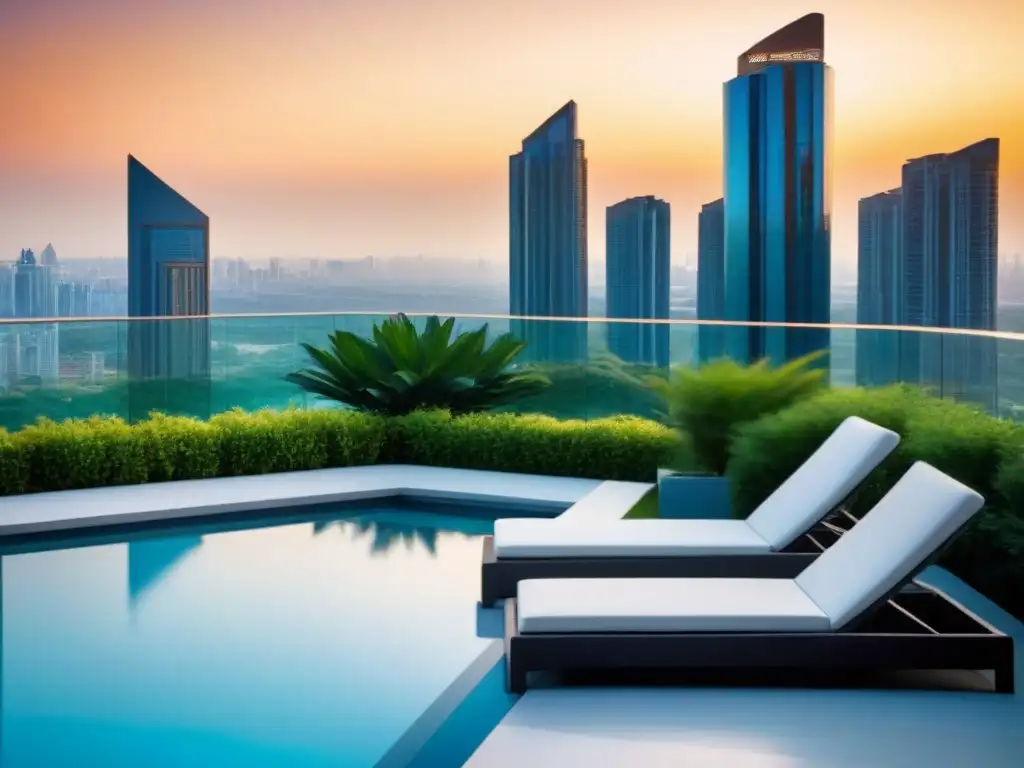 Edificio de lujo en la ciudad al atardecer Inflación en inversiones inmobiliarias internacionales: Edificio de lujo con moderna arquitectura, jardín y piscina al atardecer