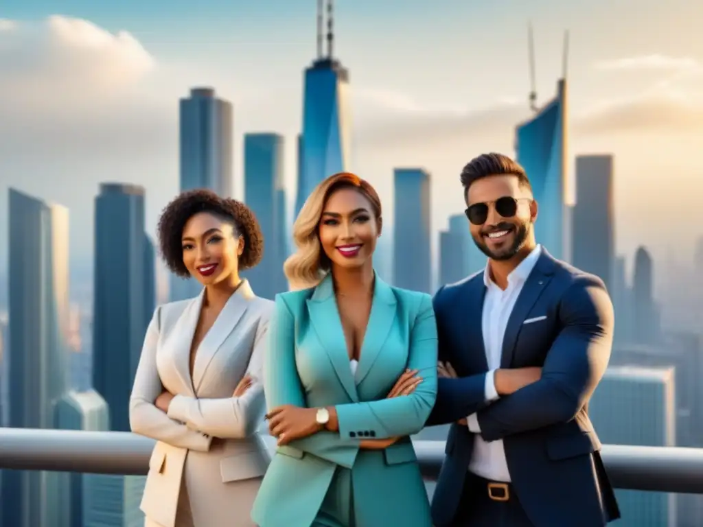 Influencers auténticos frente a la ciudad: poder inmobiliario Influencers auténticos del mercado inmobiliario posando frente al horizonte urbano, transmitiendo confianza y profesionalismo