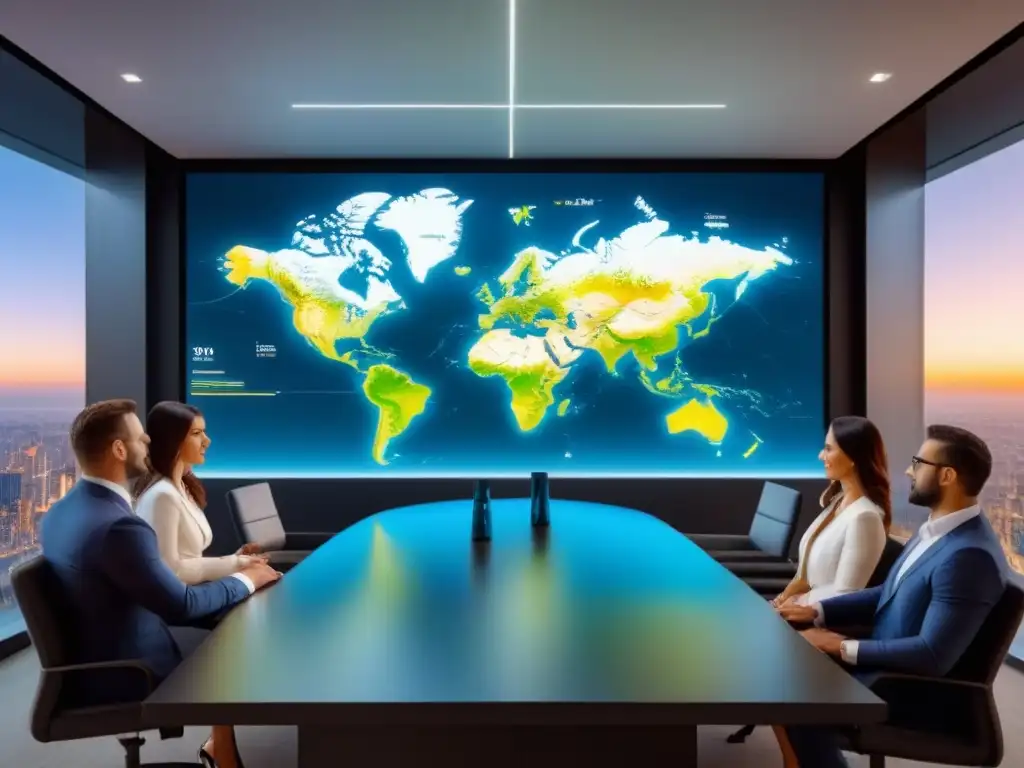 Conferencia inmobiliaria global: innovación y colaboración Influencers en bienes raíces internacionales discuten estrategias en una sala moderna y elegante con tecnología punta y diseño futurista
